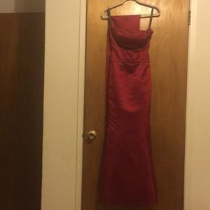 Red Bill Levkoff strapless formal dress